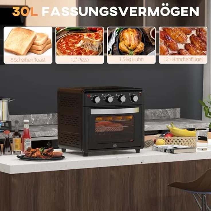 HOMCOM Minibackofen Umluft 30L Mini Ofen 7 Modi, Frittierkorb, 60 Min. Timer, 1600W, in schwarz – Bild 3