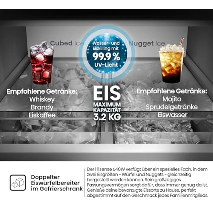 Hisense RQ5P640SYKD French Door Kühl-Gefrier-Kombination, 390 l Kühlvolumen, 250 l Gefriervolumen, schwarz, mit LED-Innenbeleuchtung und Schnellgefrier-Funktion – Bild 7