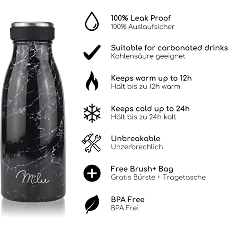 Milu Edelstahl Trinkflasche 350ml – Isolierflasche auslaufsicher, geeignet für kohlensäurehaltige Getränke, inkl. Reinigungsbürste (Granit) – Bild 2