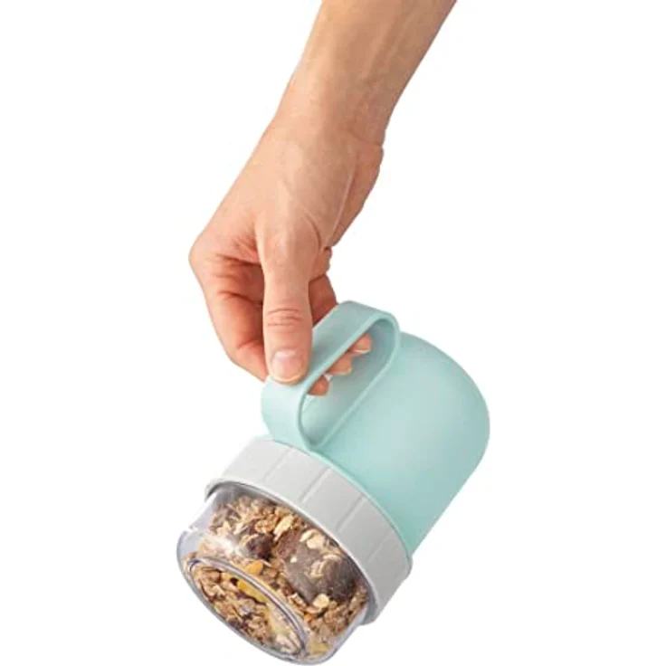 Xavax Müslibecher 2 Go, 500+200 ml (2 Fächer, Müslibecher für z.B. Joghurt, Milch, extra Topper für Müsli, Obst, Cornflakes etc., auslaufsicherer To Go Becher, spülmaschinenfest) Pastellblau/Grau – Bild 4