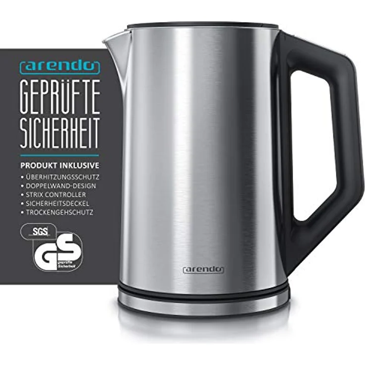 Arendo Edelstahl Wasserkocher mit Temperatureinstellung 40-100 Grad in 5er Schritten - Doppelwand Design - Modell ELEGANT - 1,5 Liter - 2200 W - Teekocher mit Temperaturanzeige - GS - Silber – Bild 5