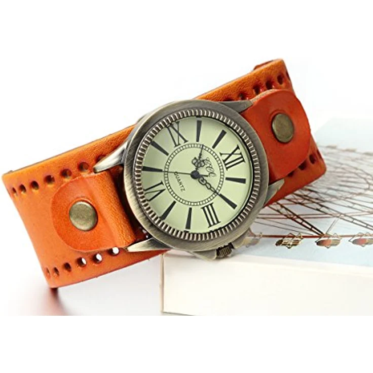 JewelryWe Damen Vintage Casual Analog Quarz Armbanduhr, Lederband, römische Ziffern, Zifferblatt orange, wasserdicht – Bild 2