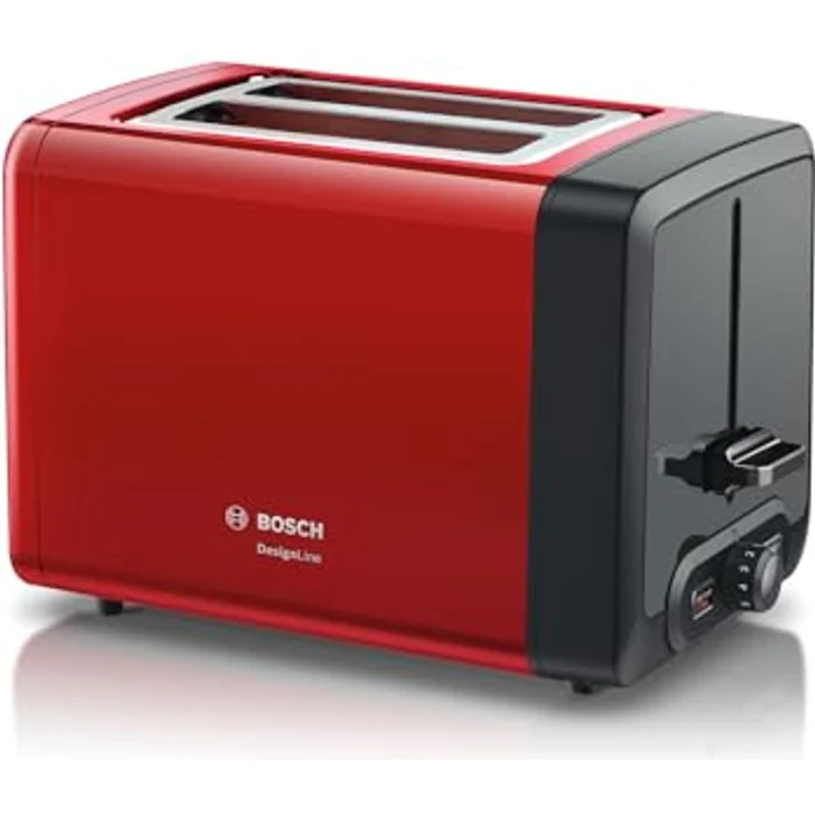 Bosch TAT4P424DE DesignLine Kompakt-Toaster, Auftau-Aufwärmfunktion, versenkbarer Brötchenaufsatz, Abschaltautomatik, 970 W, rot – Bild 2