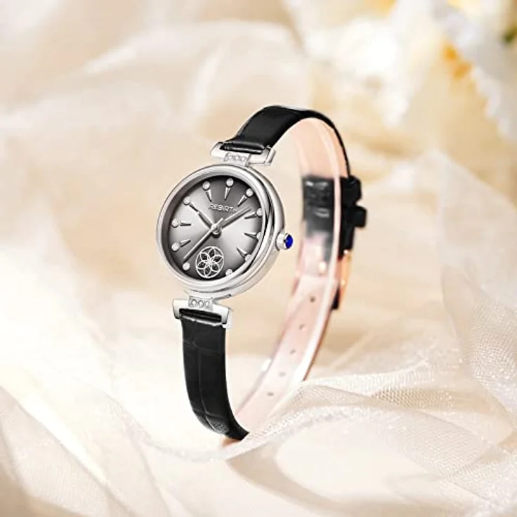 JewelryWe Damenuhr Elegant Blume Analog Quarz Armbanduhr, schwarzes Echtlederarmband, 30m wasserdicht, für Frauen und Mädchen – Bild 4