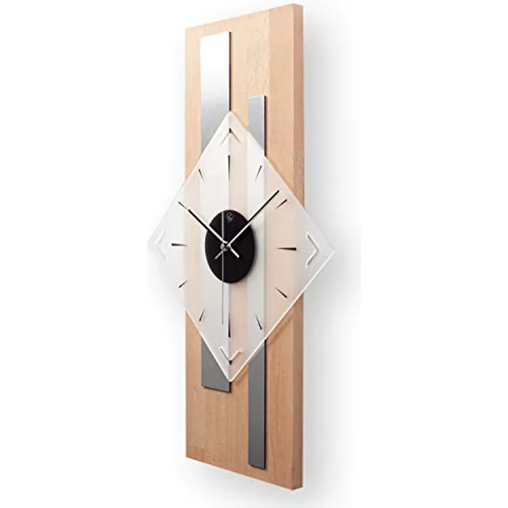 Kreative Feder Moderne Designer Holz Alu Funk Wanduhr leise Funkuhr ohne Ticken 60x30cm (Buche, leises Funkuhrwerk)