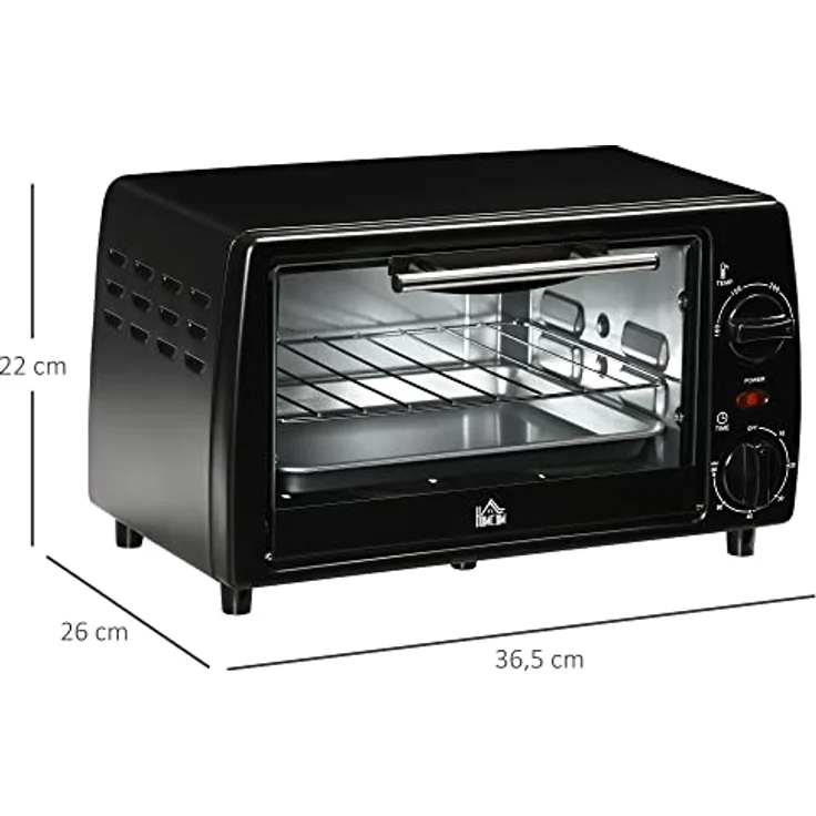 HOMCOM Mini Backofen 10 Liter 750W Kleiner Elektrobackofen mit Temperatur bis zu 230 ℃ Timer 60 Minuten Backblech und Rost 36,5x26x22 cm Schwarz – Bild 5