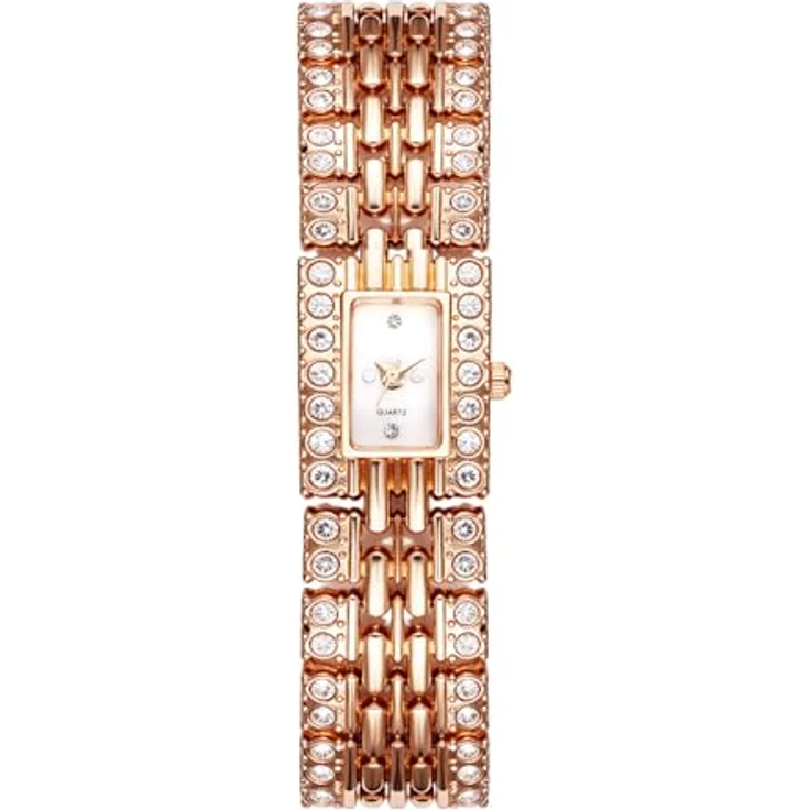 JewelryWe Rechteckige Damenuhr mit vollbesetztem Diamantdesign, analoges Quarzwerk, rosegoldenes Metallarmband, ultradünn, luxuriös und elegant – Bild 1