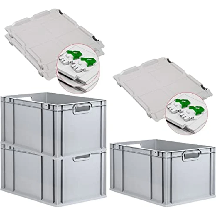PROREGAL SuperSparSet 3x Eurobox NextGen Grip, Transportbox mit Scharnierdeckel und grünen Schiebeschnappverschlüssen, 65 L, Grau, HxBxT 32x40x60cm, lebensmittelecht und robust – Bild 1