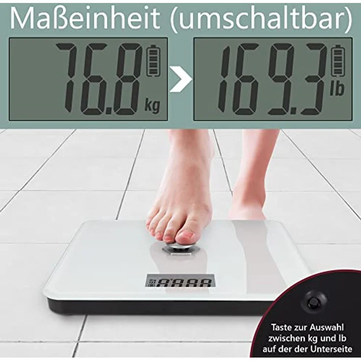 ProfiCare® Personenwaage ohne Batterie, Waage mit Messbereich von 5g – 180 kg und großem LCD-Display, Personenwaage digital mit kinetischer Energie und Glasoberfläche – PC-PW 3112 weiß – Bild 5