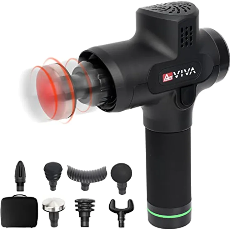 AsVIVA Physiovibe Pro MGN1 Massage Gun mit Wärmekopf, austauschbaren 2400 mAh Akku, USB Ladefunktion und 7 Massageköpfen, Massagegerät