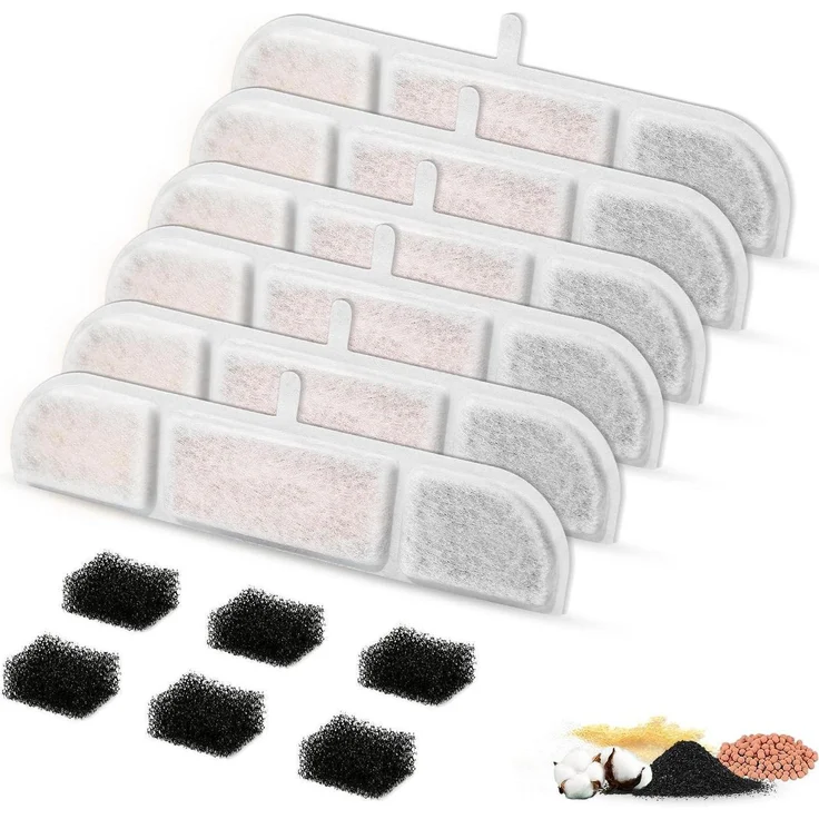NautyPaws Katzenbrunnen Filter Set, 6 Stück mit Aktivkohle und Schwämmen für 2.5L Trinkbrunnen, 5-stufiges Filtersystem, kompatibel mit DowPaws FurSink 1.0 und 2.0