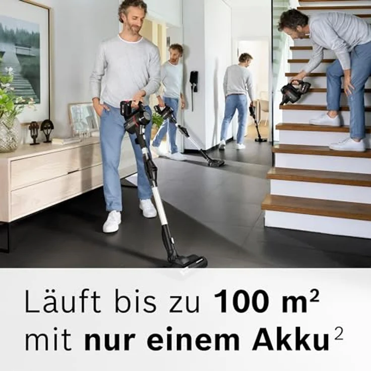 Bosch Akku-Staubsauger Unlimited 7 BSS715XFRSH, kabellos, Knickrohr, Niedriger Geräuschpegel, 10 Jahre Motorgarantie, 2 Akkus, Schnellladegerät, Schwarz – Bild 5