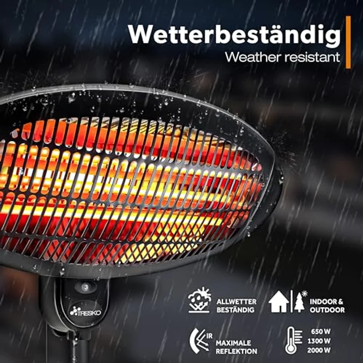 TRESKO Infrarot Stand-Heizstrahler 2000W | Wärmestrahler Terrasse elektrisch mit 3 Heizstufen | Terrassenstrahler Innen & Außen | Infrarotstrahler mit LED-Anzeige – Bild 4