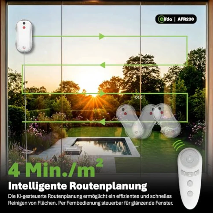 alfda Fensterputzroboter AFR230, 60ml Wassertank mit Sprühfunktion, automatische Saugkraftregulierung, 3200 Pa Saugleistung, inklusive Fernbedienung und Sicherheitsseil – Bild 6