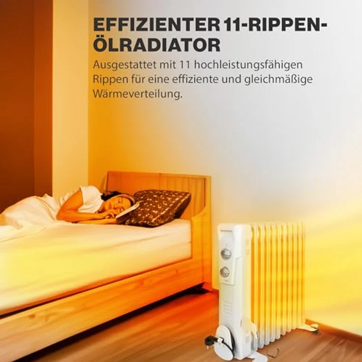Clatronic RA 3737 11 Rippen-Ölradiator, mobiler Heizkörper bis 2300 Watt, Wärmeregulierung über stufenlosen Thermostatregler, Flexibler Einsatz durch 4 Leichtlaufrollen, Slimline-Bauweise, weiß, Radiator – Bild 3