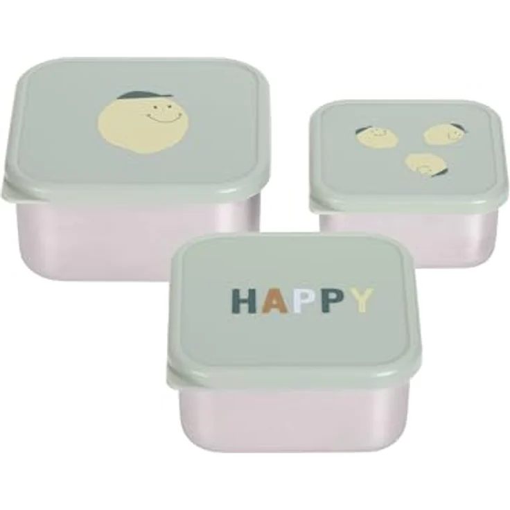LÄSSIG Lunchbox Happy Fruits, Lemon, 3-tlg. Edelstahl-Set mit praktischen Snackboxen für Schule und unterwegs – Bild 1