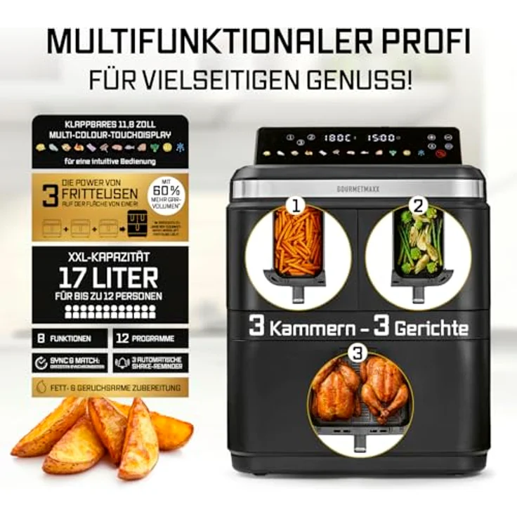 GOURMETmaxx FryUp3 3-Kammer-Heißluftfritteuse 3000W, schwarze Edelstahl-Optik, 17l Volumen, LED-Touchdisplay, 12 Programme – Bild 3