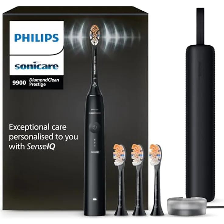Philips Sonicare DiamondClean 9900 Prestige, elektrische Zahnbürste mit SenseIQ Technologie, App, 5 Putzmodi, 3 Intensitätsstufen, Reiseladeetui, schwarz, Modell HX9992/43