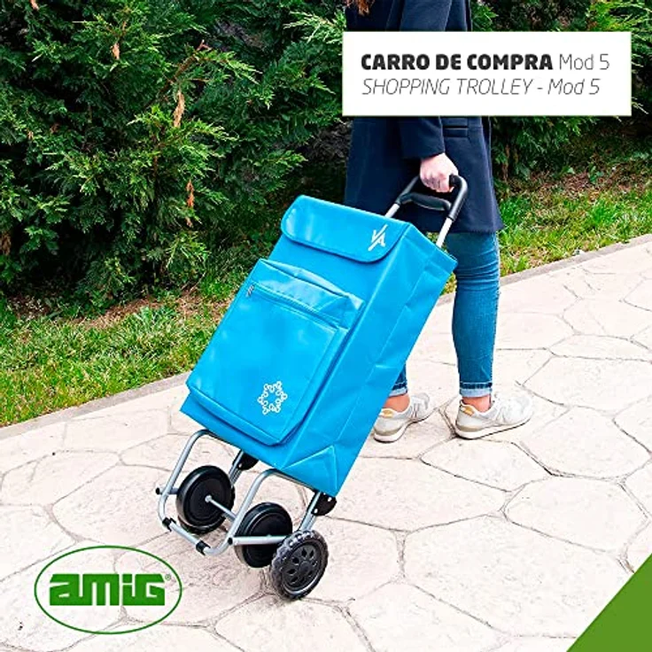 Amig - Einkaufstrolley | 22 x 40 x 106 cm | mit 4 Rädern | Außentasche für Tiefkühlkost | Herausnehmbare und waschbare Innentasche | Maximale Belastung von 15 kg | Blau Farbe – Bild 2