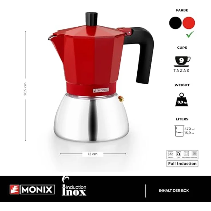 Bra Espressokocher BRA INOX RED 9T, italienische Kaffeemaschine aus Edelstahl mit 470 ml Kapazität für 9 Tassen, induktionsgeeignet, rot – Bild 2