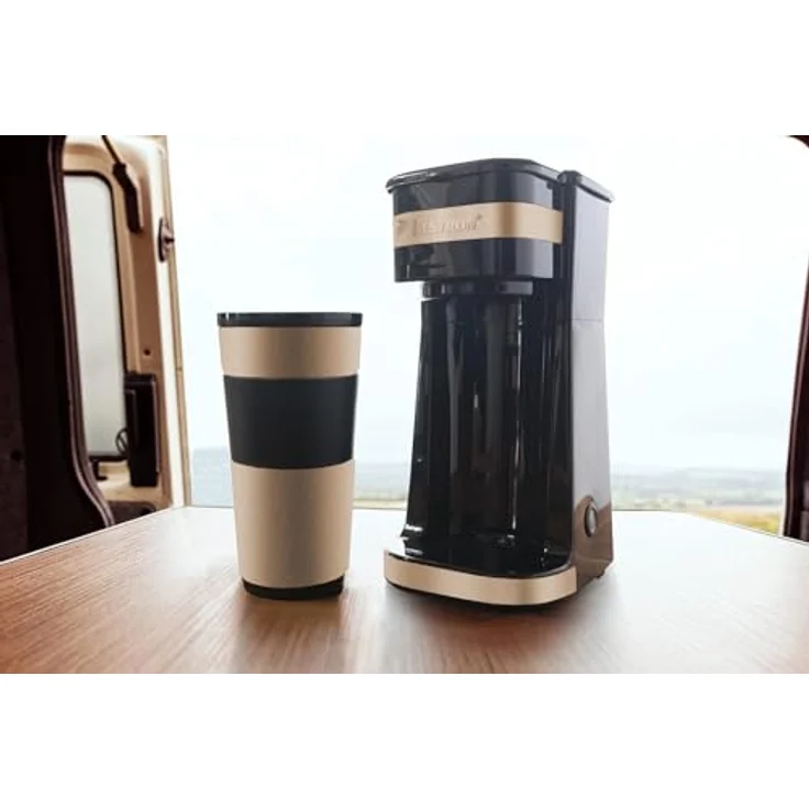 Bestron Kaffeemaschine mit Isolierbecher, Camping Kaffeemaschine für gemahlenen Filterkaffee, kleine Kaffeemaschine für 2 Große Tassen, 750 Watt, Edelstahl, hellbeige/satin – Bild 2