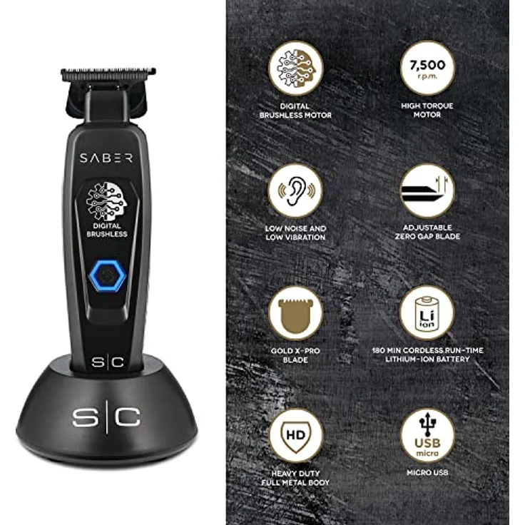 STYLECRAFT Professioneller Herren-Haarschneider Saber Trimmer, 180 Minuten Autonomie, Verstellbare Klinge 0 Gap, Stabiles Metallgehäuse (Schwarz) – Bild 2