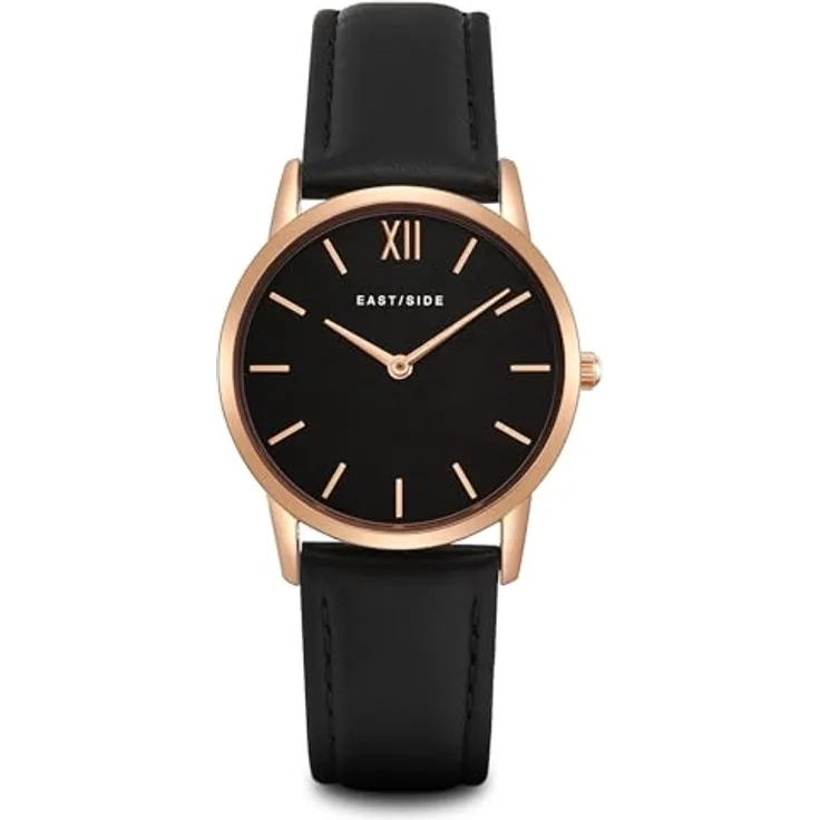 Eastside Damen Uhr analog Japanisches Quarzwerk mit Leder Armband schwarz 3 ATM 10080023 - Stilvolle Damenuhr mit IP-Finish in Roségold