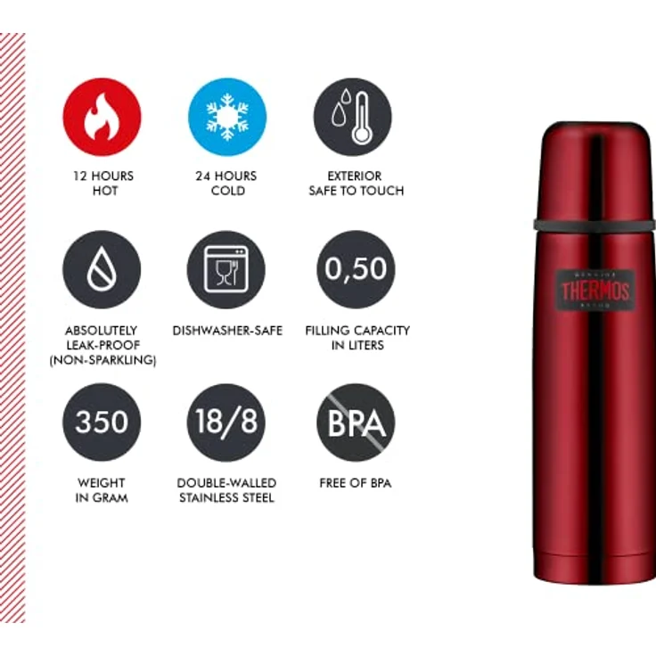 THERMOS Light & Compact Thermosflasche, Edelstahl, Rot, 0,5 Liter – Bild 6