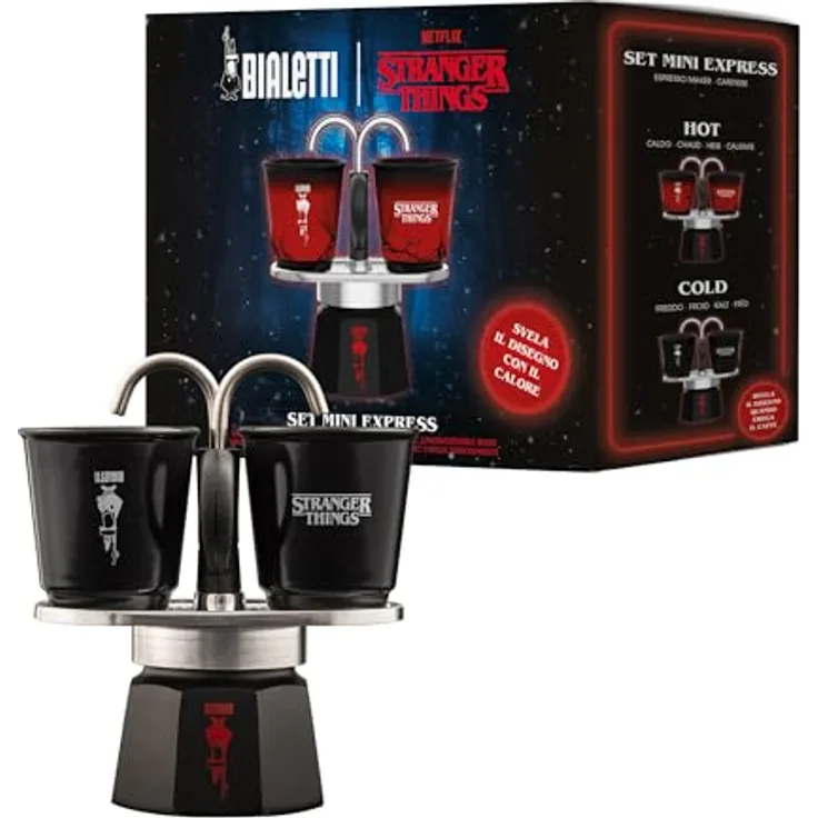 Bialetti Espressokanne Stranger Things, Espressokocher mit 2 Tassen, rot/schwarz, für Elektro- und Gasherde, 2 Tassen容量