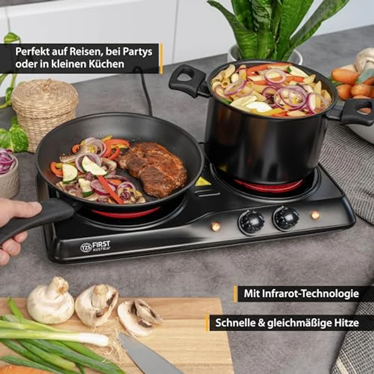 TZS First Austria Infrarot Keramik-Herdplatte doppelt | ALLE Topfarten | Doppelkochplatte 19cm / 16,5cm | Kochfeld für Umzug, Camping, Ferienwohnung - schnelles Aufheizen & stufenlose Einstellung – Bild 2