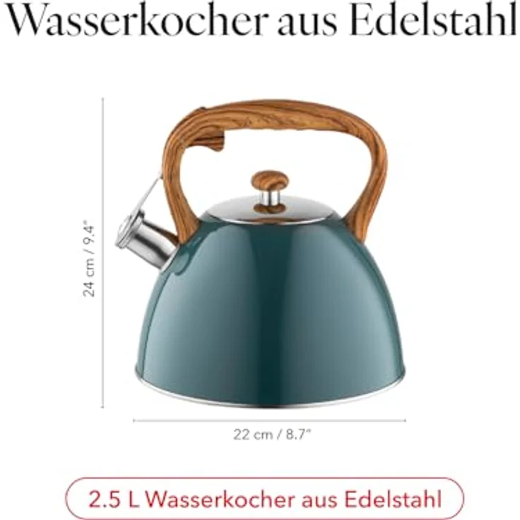 FLORINA Wasserkessel FRANK, 2,5 l Edelstahl Teekessel mit Holzgriff, flötender Wasserkocher für Induktions-, Gas- und Elektroherd, dunkelgrün matt – Bild 2