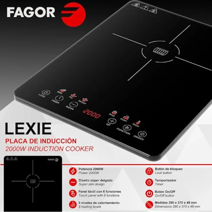 Fagor Lexie Induktionskochplatte, 2000 W, 9 Ebenen, Breite 29 cm, 1 Zonen, schwarz – Bild 6