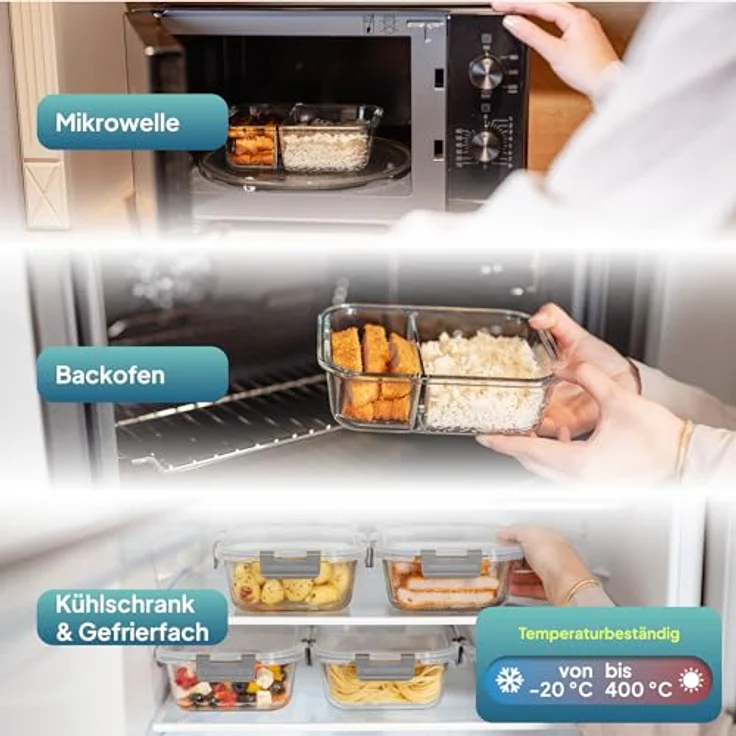 uandu Glasbehälter mit Deckel 10-teilig, Meal Prep Boxen aus Borosilikatglas, 2 Fächer, luftdicht und stapelbar, 950 ml – Bild 5