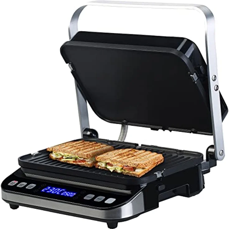 Rosenstein und Söhne Sandwichmaker: Digitaler Panini-, Sandwich- & Kontaktgrill, Timer & Memory, 2.000 W, Edelstahlgehäuse (Plattengrill, Grills, Grillspieße) – Bild 1