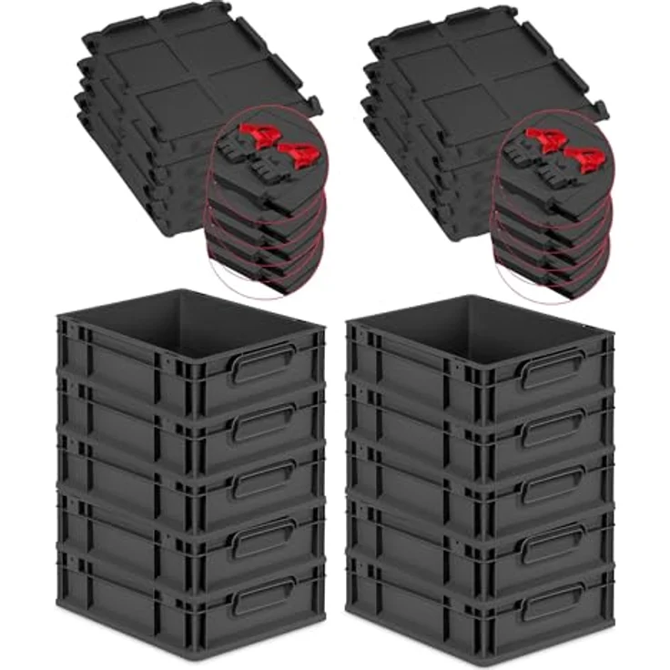 PROREGAL Eurobox NextGen Grip SuperSparSet 10x mit Scharnierdeckel, roten Schiebeschnappverschlüssen, 11L, Schwarz, HxBxT 12x30x40cm, robust und stapelbar, Transportbehälter – Bild 1
