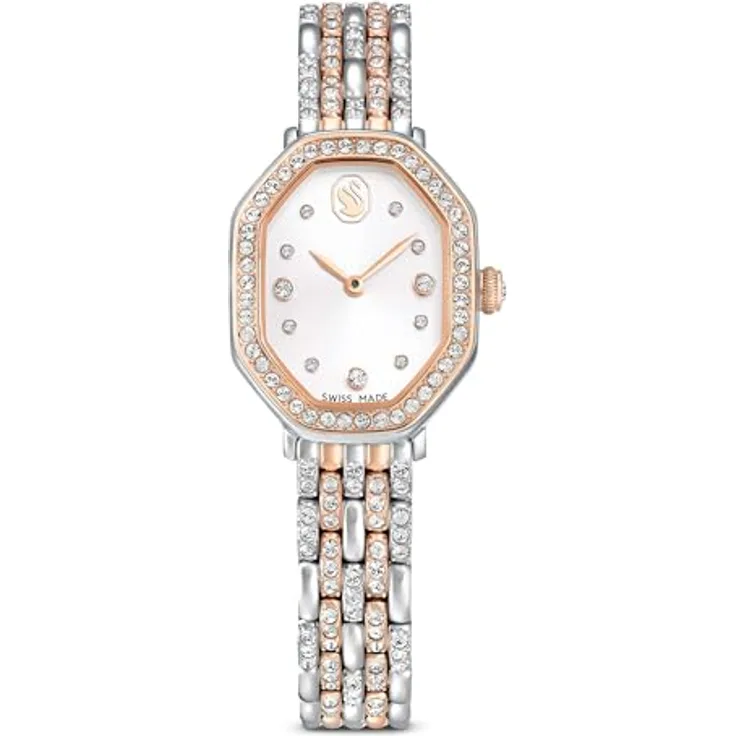 Swarovski Dextera Octagon Uhr, Swiss Made mit Metallarmband in Silber und Roségold-Finish, 46 Kristalle, wasserdicht bis 50 Meter
