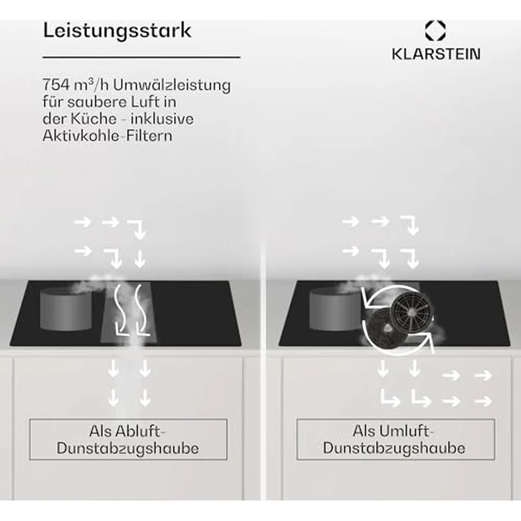 Klarstein 2-in-1 Kochfeld mit Dunstabzug Integriert 90cm, Induktionskochfeld für Kochinsel, 4er Kochfeld, 750 m³/h Luftstrom, Touch-Display, Energieeffizienz A – Bild 5