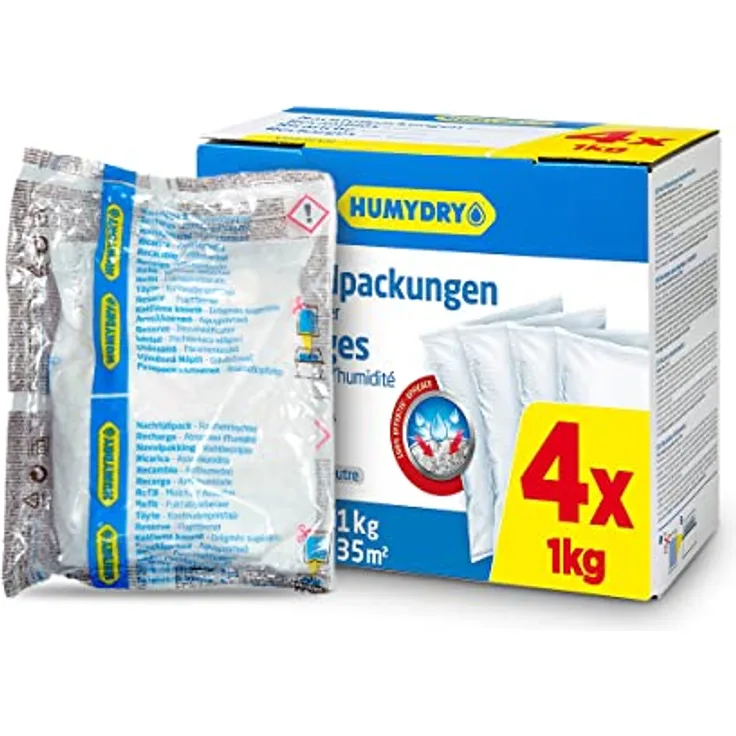 Set mit 4 Nachfüllbeutel - Nachfüllpackungen für Luftentfeuchter - Ideal zum Absorbieren von Feuchtigkeit aus Garagen, Kellern, Wohnzimmern und großen Räumen - 1 kg Beutel – Humydry