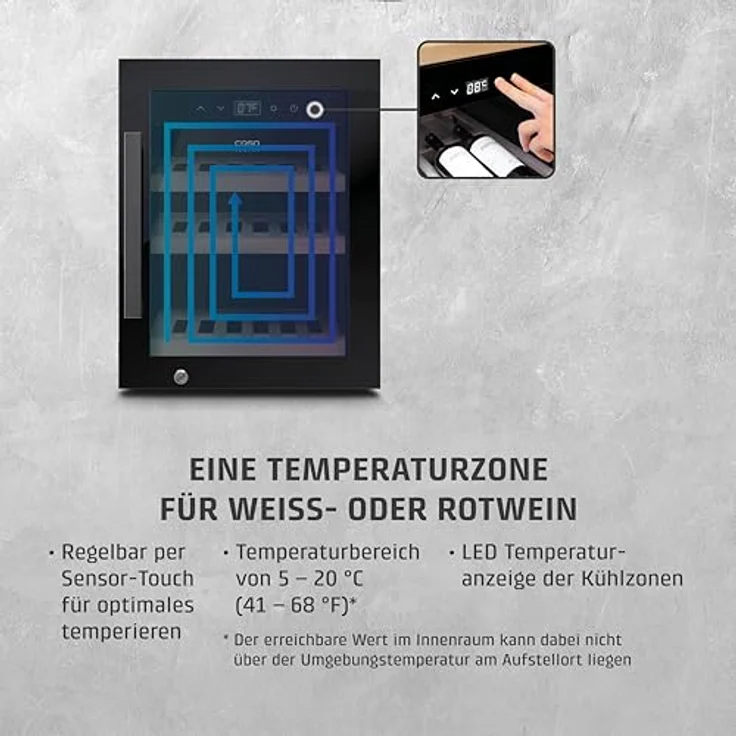 Caso WineExclusive 12, Weinkühlschrank für 12 Flaschen, 1 Zone, 5–20 °C, Kompressor, abschließbar, UV-Glasscheibe, Holzregale, Touch-Bedienung, LED-Innenbeleuchtung, leise – Bild 3