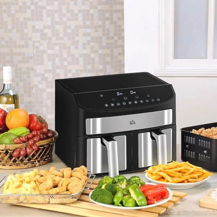 HOMCOM Heißluftfritteuse 8L Fritteuse mit Doppelkammer, Airfryer mit 10 Programmen, 2400 W Luftfritteuse mit Touchscreen, Rezeptur, ohne Öl, Schwarz – Bild 2