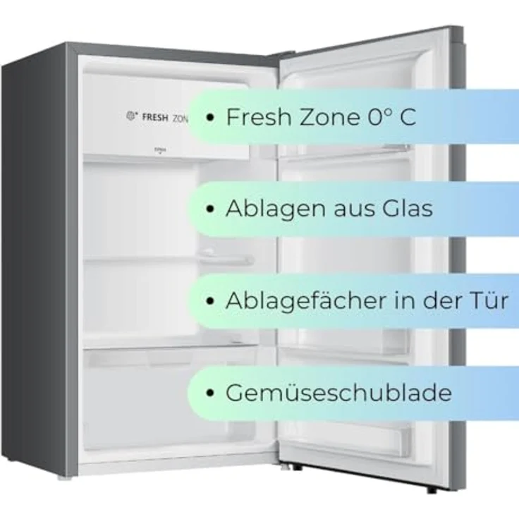 YUNA Kühlschrank SEREBRO E mit Fresh Zone/ 94L Nutzinhalt/Vollraumkühlschrank/ 84 cm hoch/ 86 kWh/Jahr/Türanschlag wechselbar/Leiser Betrieb 36 dB/Silbern – Bild 2