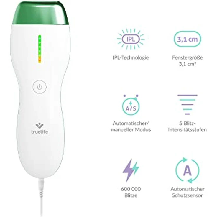 TrueLife BELLE IPL E3 IPL Geräte Haarentfernung Laser, 600.000 Lichtimpulse, 5 Lichtstärken, Schmerzfreie Haarentfernung Laser für alle Körperteile, Automatischer, manueller Modus, Augenschutzsensor – Bild 2