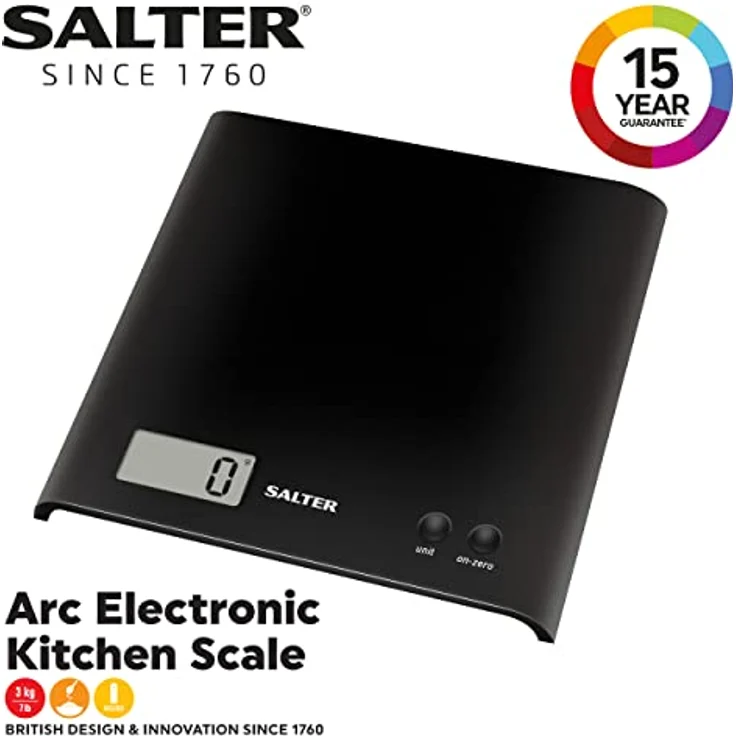 SALTER digitale Küchenwaage, elektronische Waage für die Küche, LCD-Display, Zuwiegefunktion, einfach zu reinigen & platzsparend, max. Traglast 3kg, schlankes Design, schwarz – Bild 2