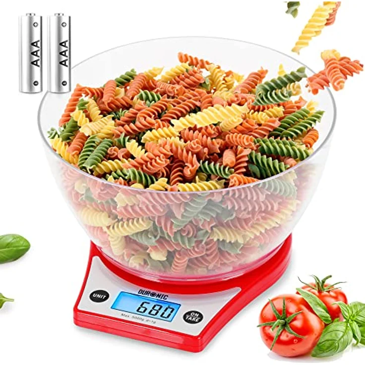 Duronic KS6000 RD Küchenwaage | 5 kg Digitalwaage rund mit 2,5 L abnehmbarer Schüssel | 1 g grammgenau Präzision-Feinwaage | Haushaltswaage mit Tara-Funktion | Digitale Waage mit Hold-Funktion | Backen – Bild 1