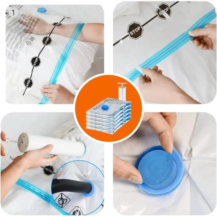 Amazon Basics Vakuumbeutel Set für Kleidung, 12er-Pack mit 3 Jumbo, 3 Groß, 3 Mittelgroß und 3 Klein, luftdicht mit Handpumpe und Reißverschluss, durchscheinend – Bild 4