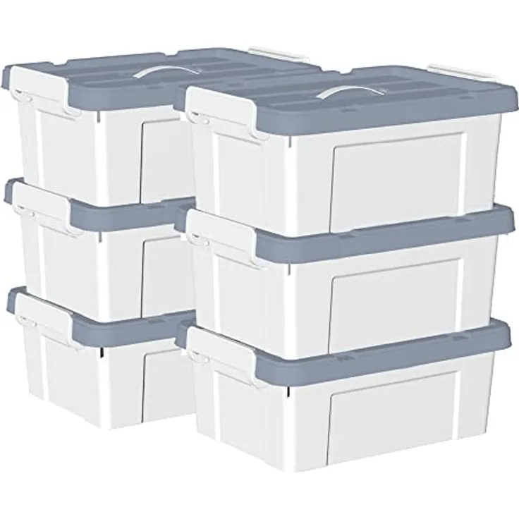 Cetomo 20 l x 6 Kunststoff-Aufbewahrungsbox, Tragetasche, Organisationsbehälter mit robustem Deckel und sicheren Verriegelungsschnallen, stapelbar und stapelbar, 6 Stück, weiß