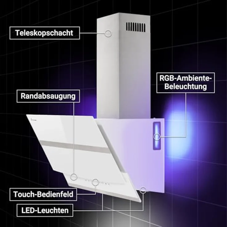 KKT KOLBE HERMES9005WM Dunstabzugshaube 90 cm, A+++ Kopffrei, 782 cbm/h, Edelstahl mit weißem Glas, WLAN, RGBW-LED-Beleuchtung, SensorTouch Bedienung – Bild 2