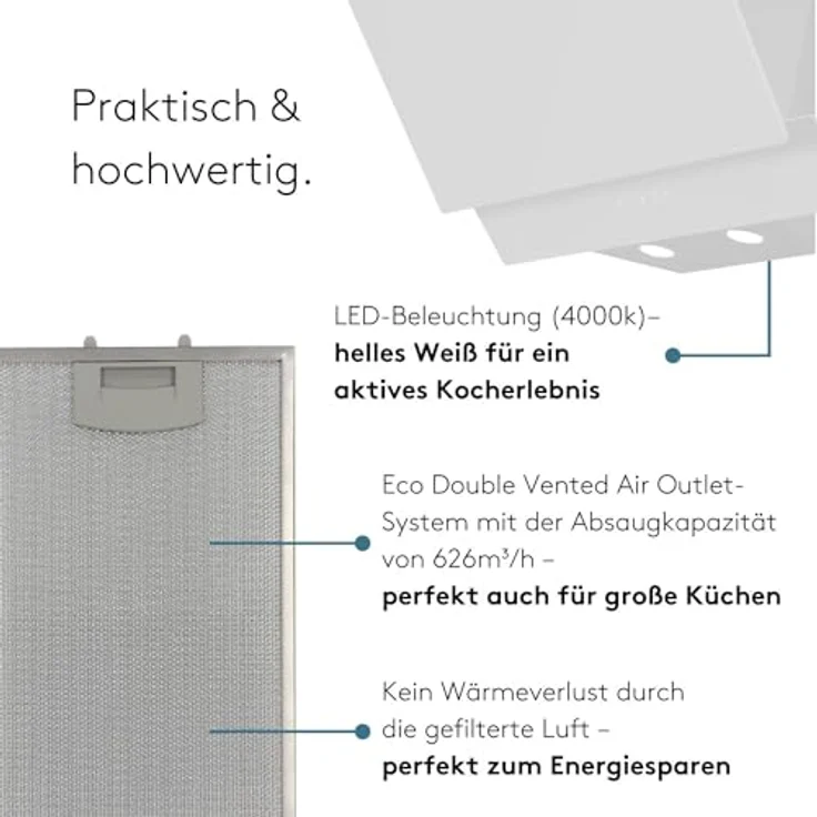 Wiggo A642 Dunstabzugshaube 60cm kopffrei I Abluft Umluft Dunstabzug 626m³/h - Touch-Display 4 Stufen I Energieeffizienzklasse A Schräghaube inkl. 2x Kohlefilter I Abzugshaube Glasfront weiß – Bild 3