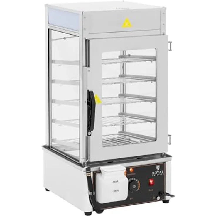 Royal Catering Dumpling Steamer, Dampfgarer mit 5 Rosten (30 x 29,5 cm), Thermostat 30-110 °C, hitzebeständiger Griff, Doppelverglasung
