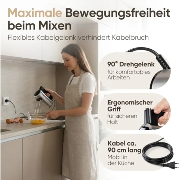 ProfiCook Handmixer PC-HM 1335, 400W mit 5 Geschwindigkeitsstufen und Turbo-Funktion, Edelstahlquirle und -knethaken – Bild 6